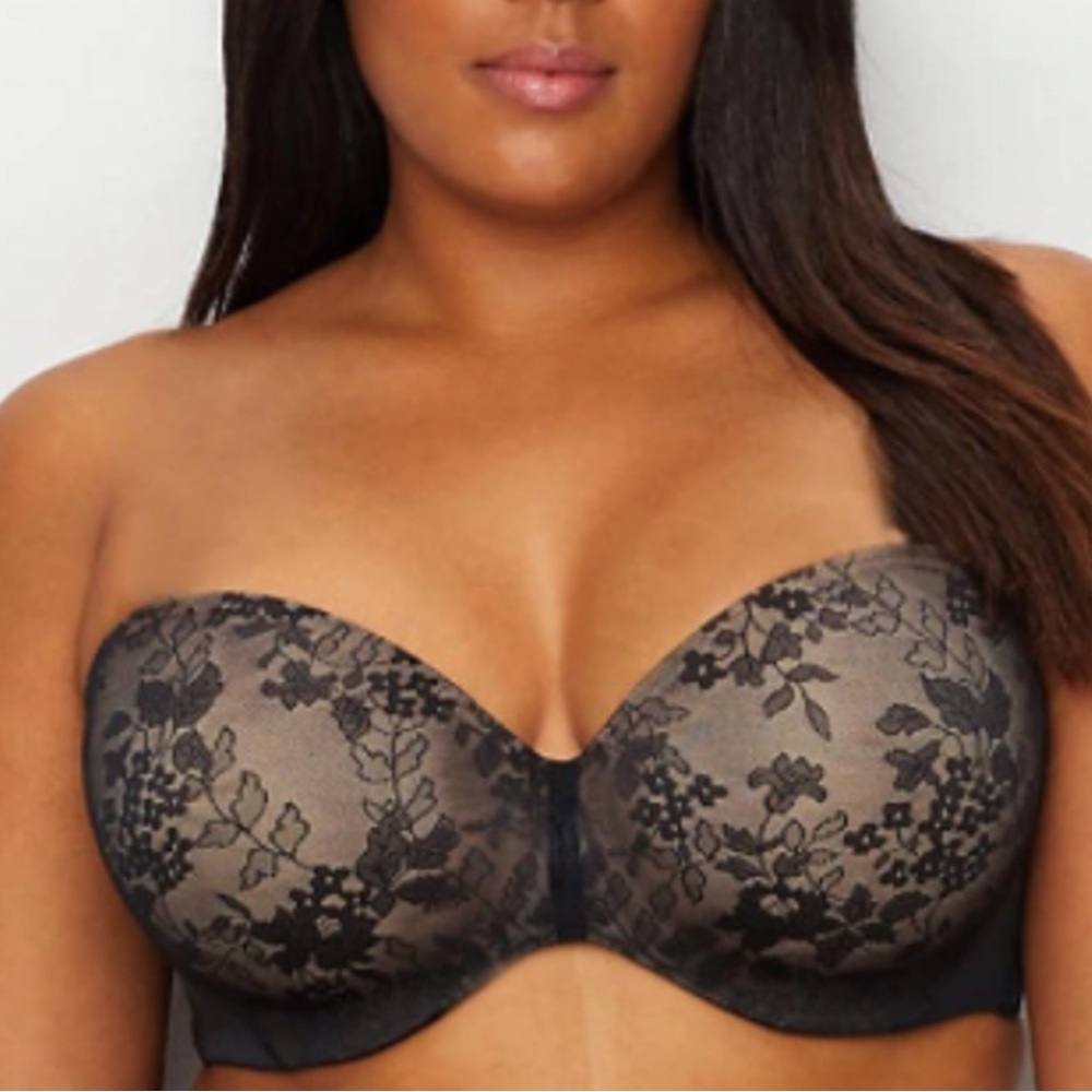 EUC Curvy Couture‎ Strapless Sensation Push-Up Bra in Black lace size 36DDD